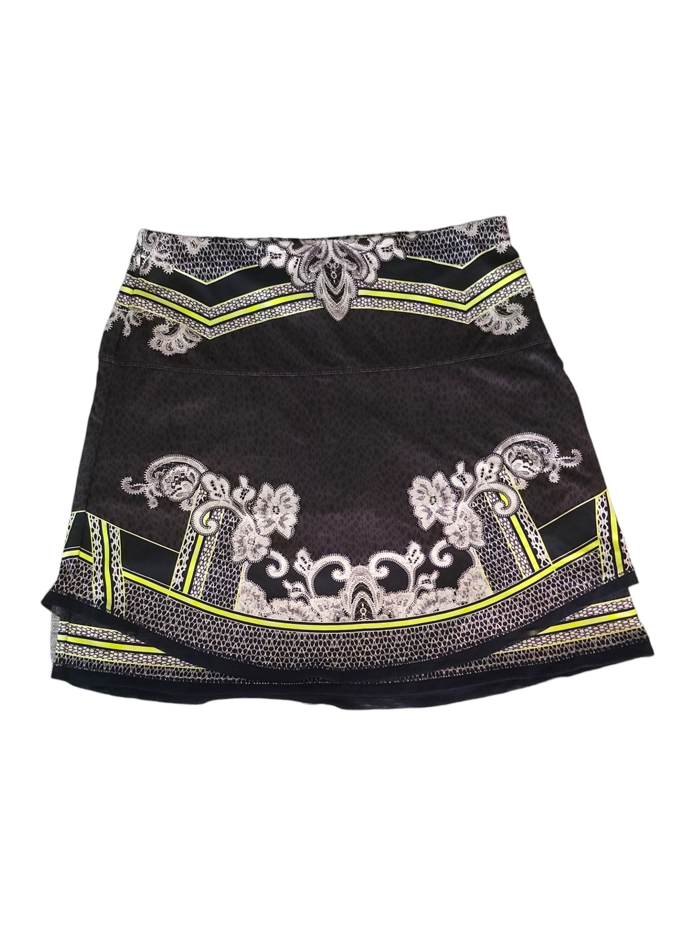 Lucky in Love Black A-Line Skirt with White Lace Print and Neon Yellow Trim